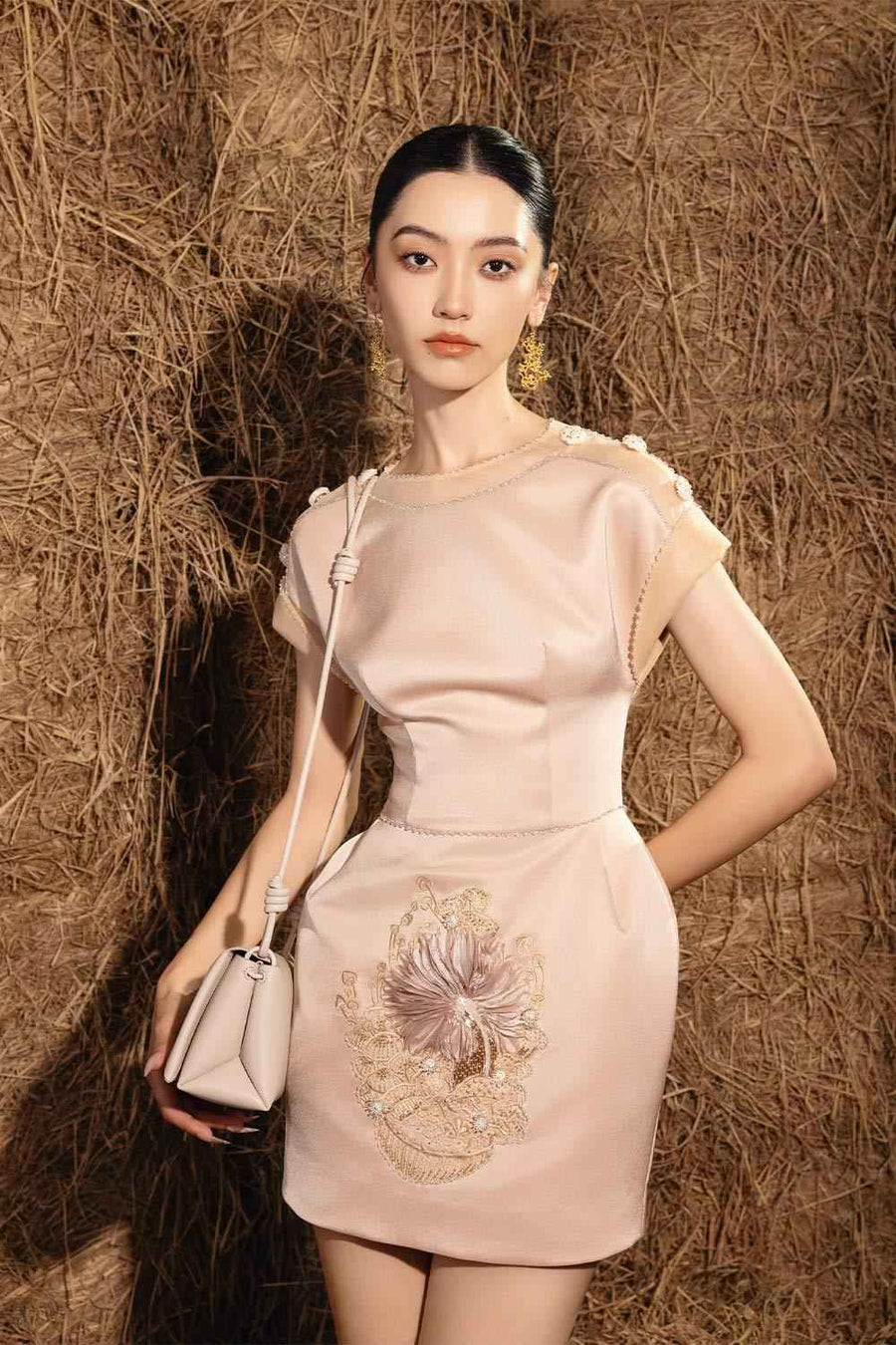Evelyn Pegged Cap Sleeved Taffeta Mini Dress