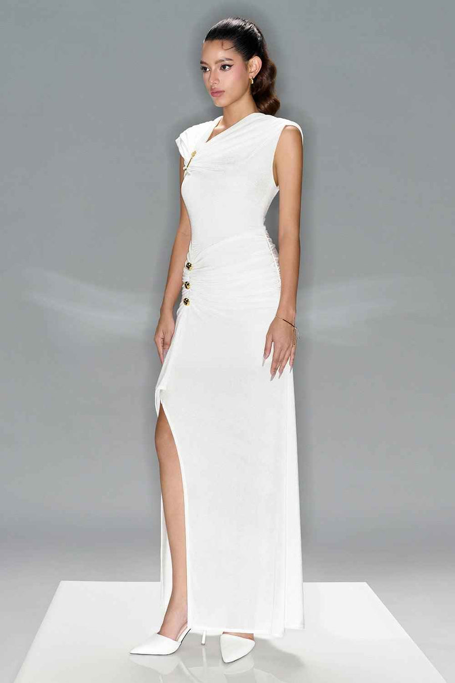 Evelyn Slit Diagonal Neck Spandex Maxi Dress White Maxi Dress LaLING