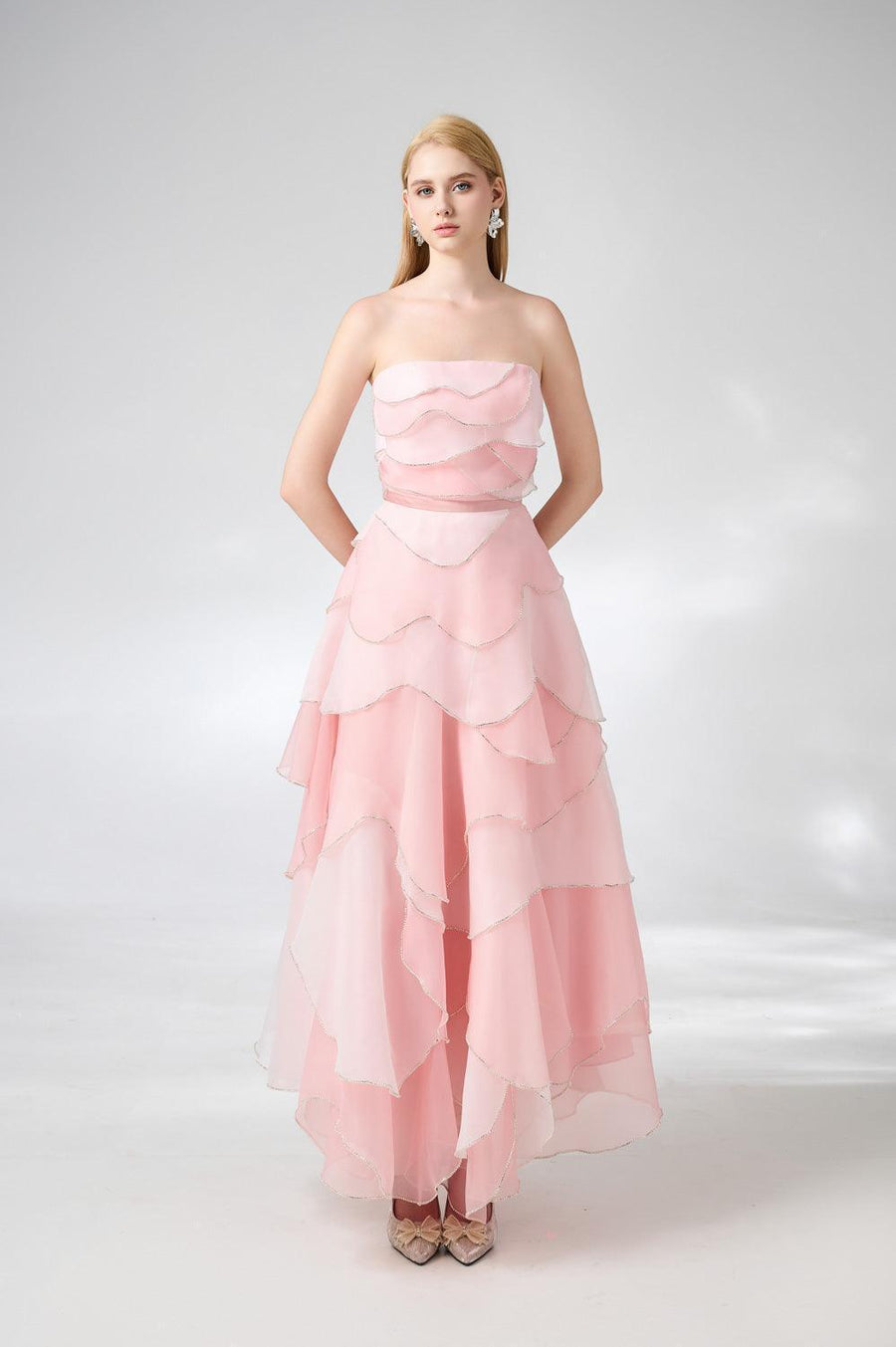 Everlee Strapless Layered Organza Ankle Length Dress 3