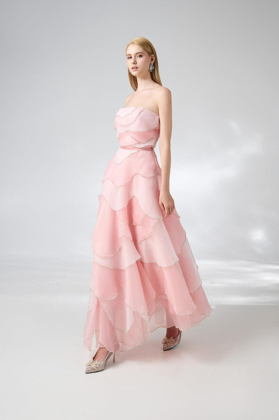 Everlee Strapless Layered Organza Ankle Length Dress 6