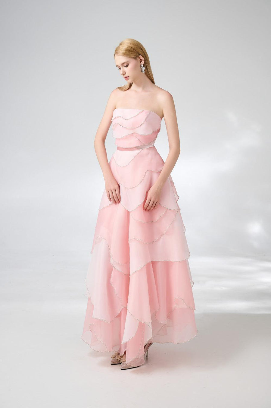 Everlee Strapless Layered Organza Ankle Length Dress 8