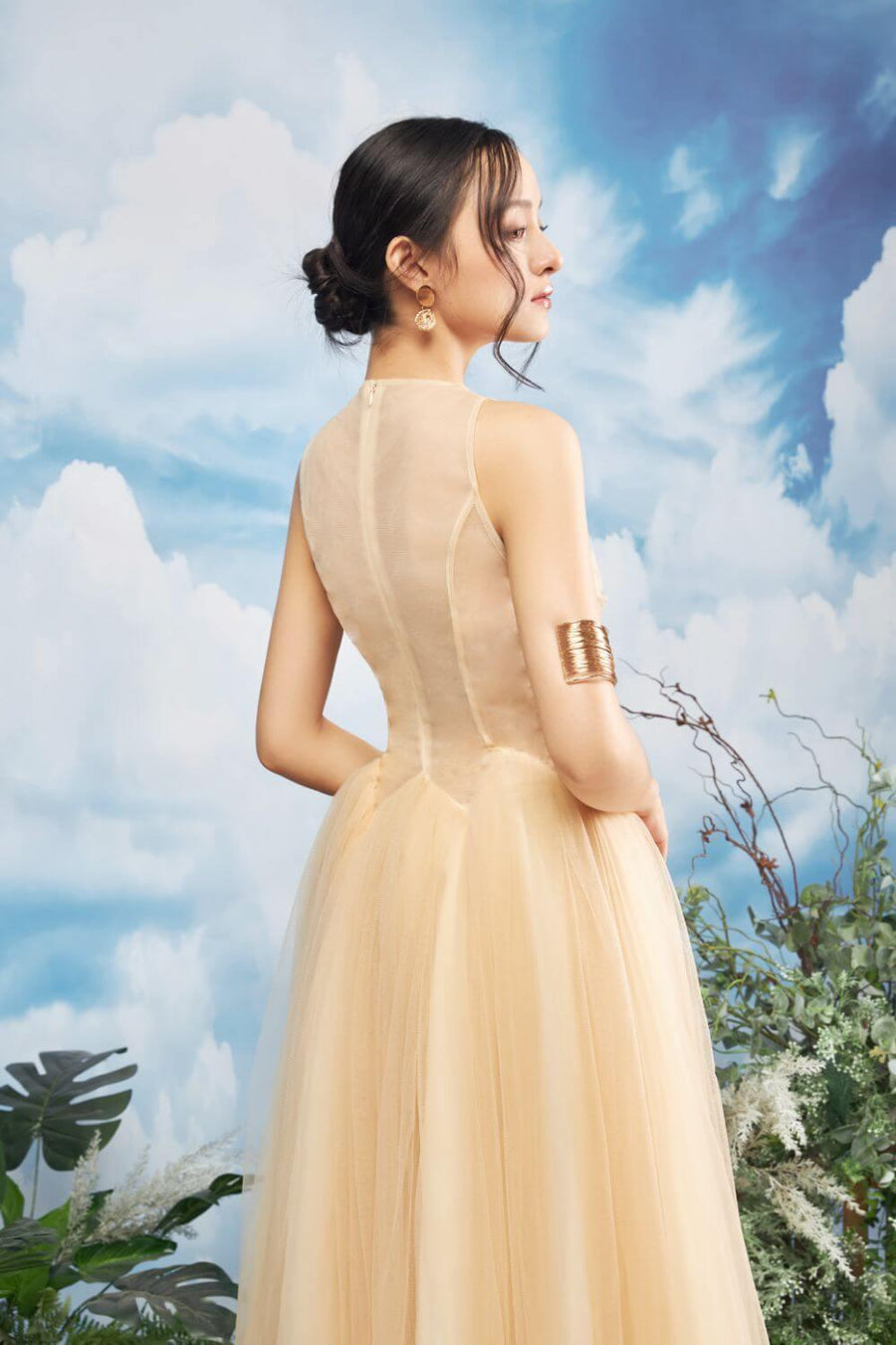 Falcon Gathered Illusion Neck Mesh Sheer Midi Dress 11