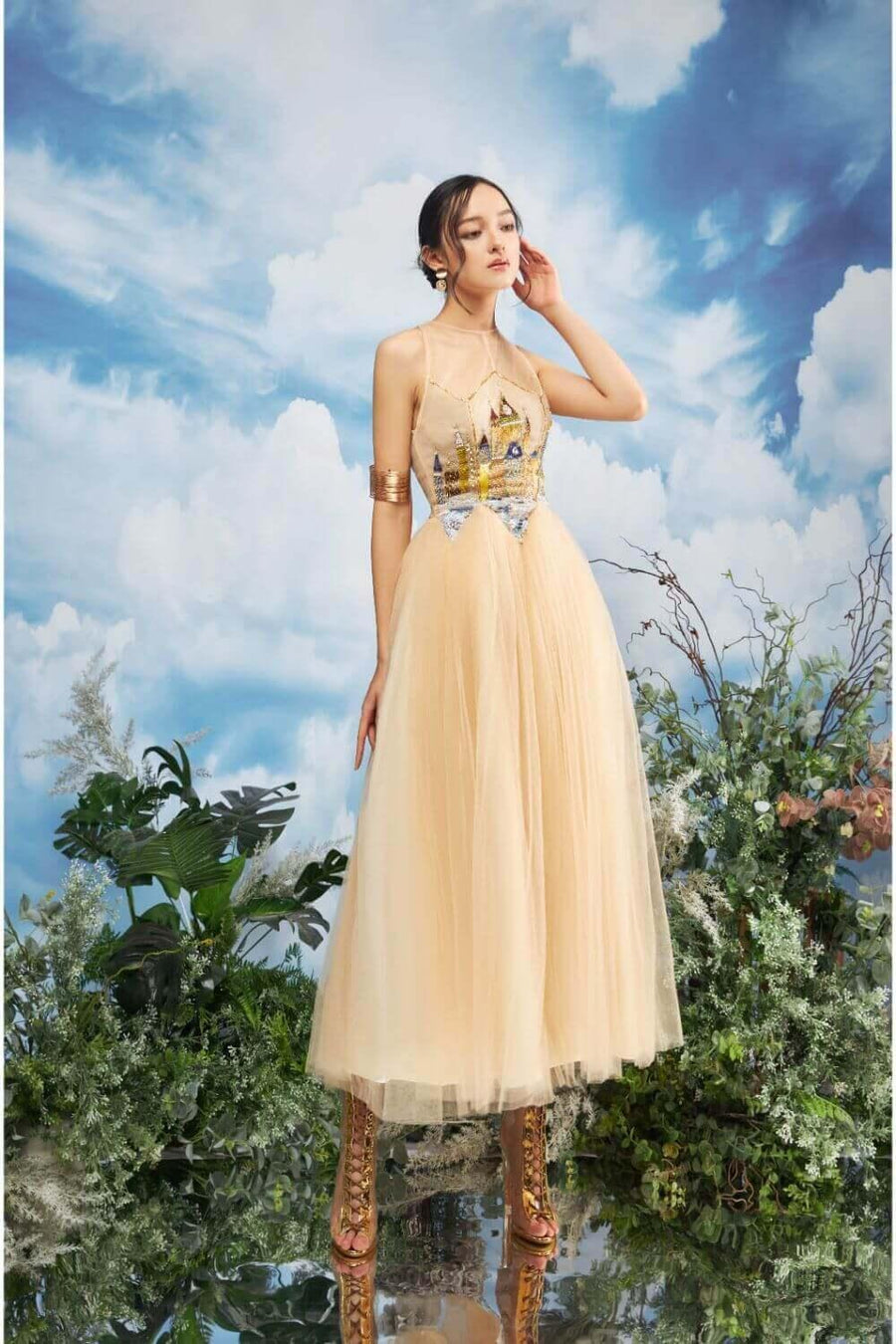 Falcon Gathered Illusion Neck Mesh Sheer Midi Dress 12