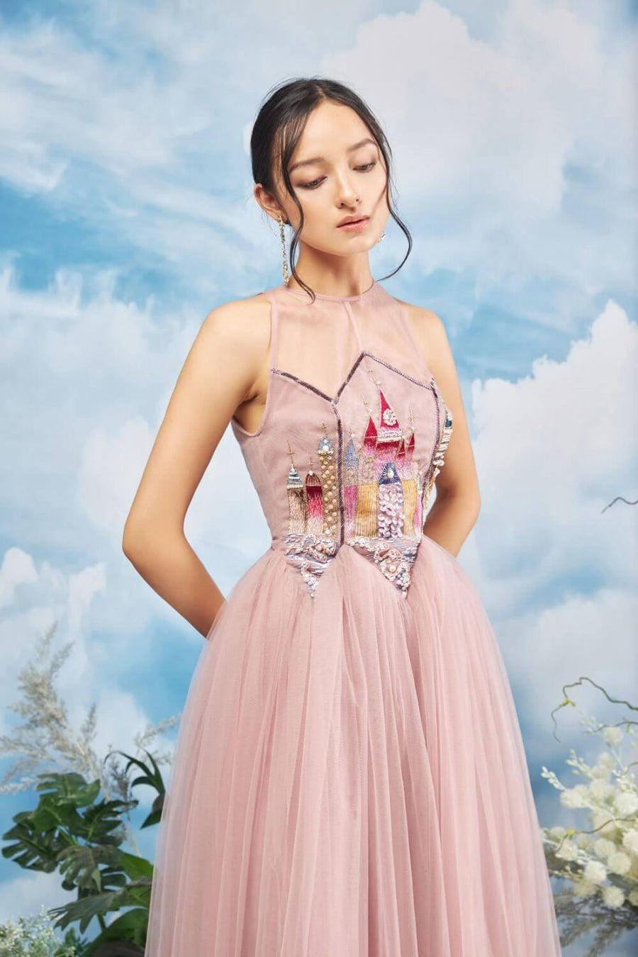 Falcon Gathered Illusion Neck Mesh Sheer Midi Dress 2