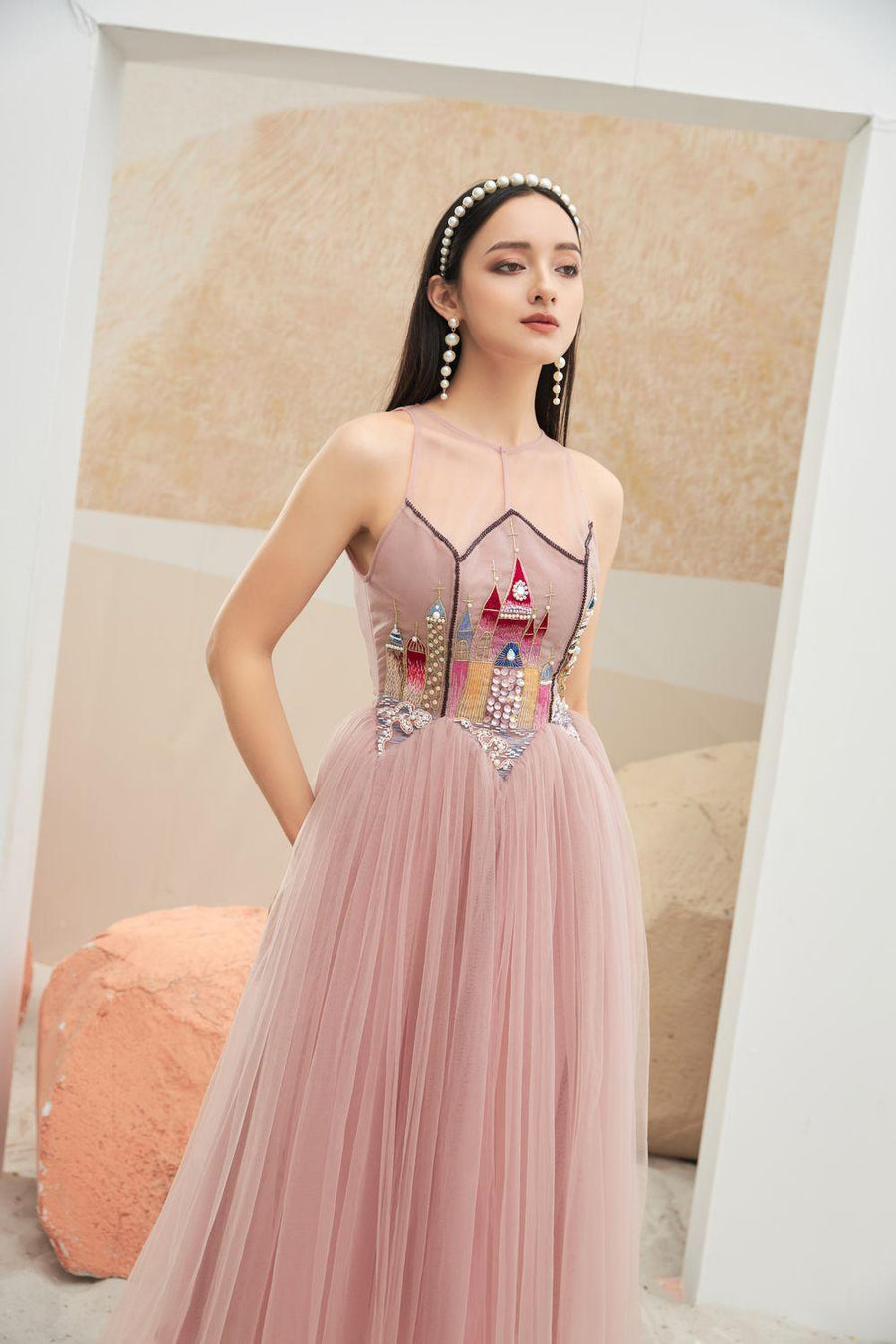 Falcon Gathered Illusion Neck Mesh Sheer Midi Dress 20