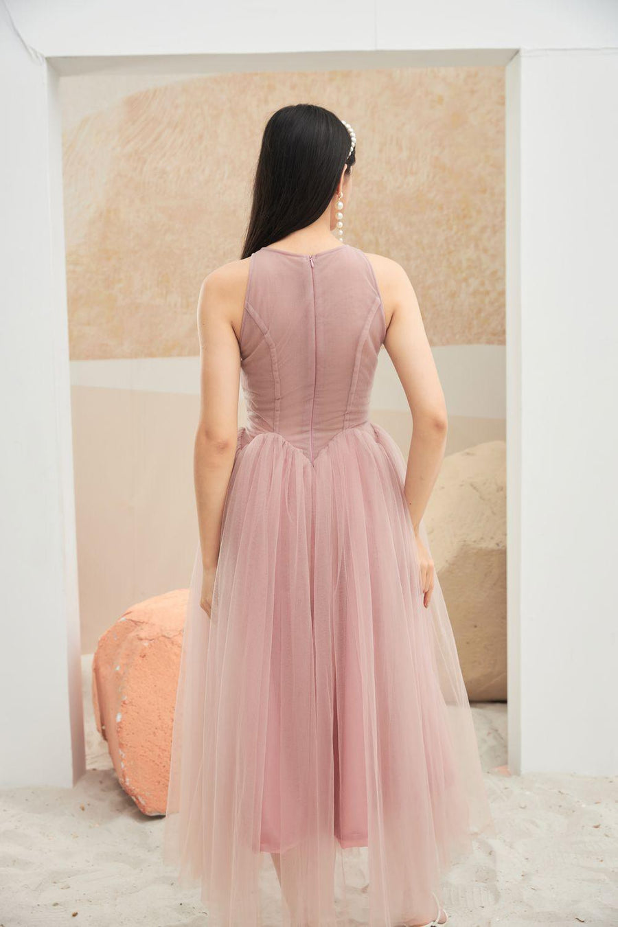 Falcon Gathered Illusion Neck Mesh Sheer Midi Dress 21