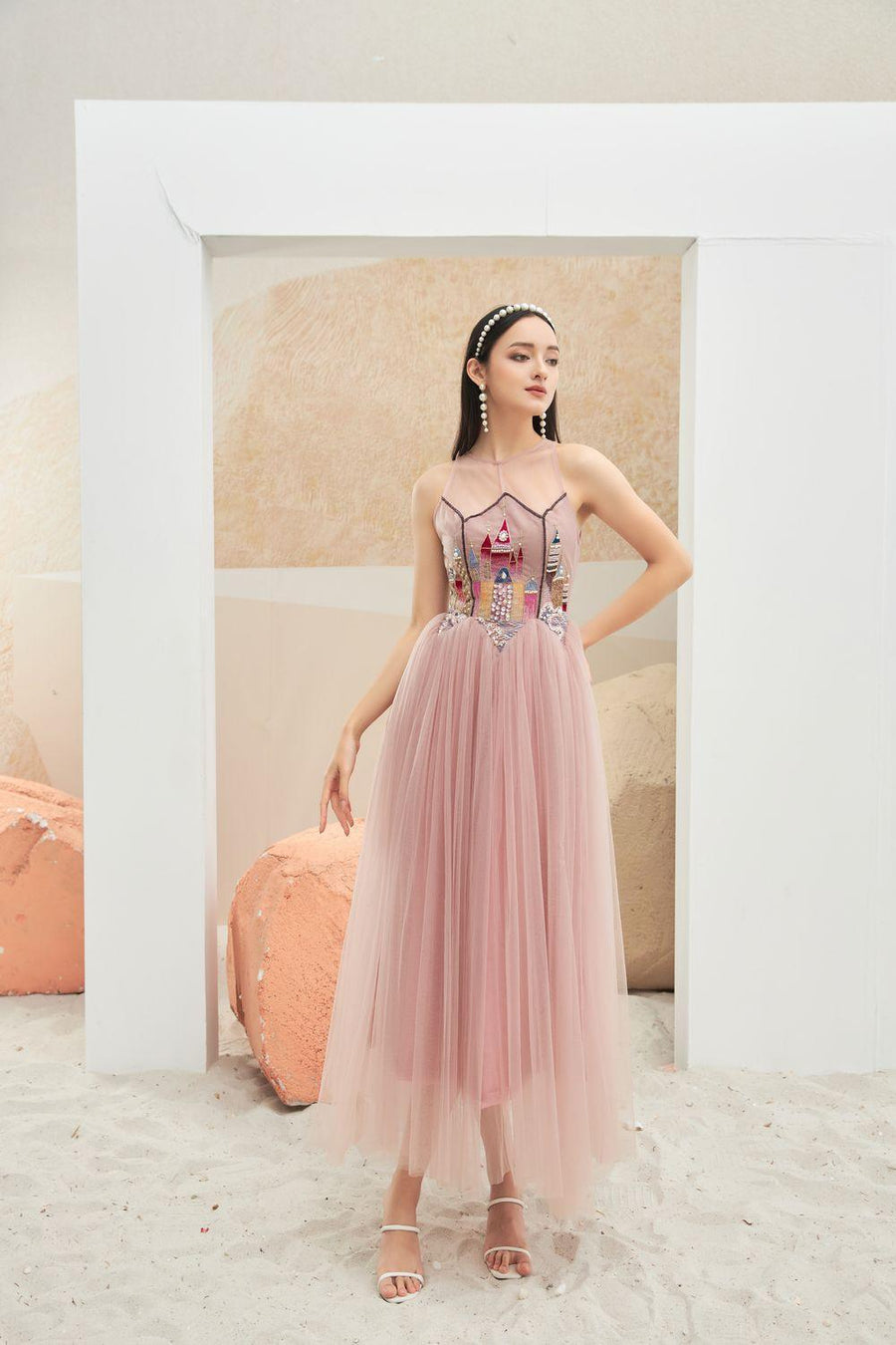 Falcon Gathered Illusion Neck Mesh Sheer Midi Dress 22