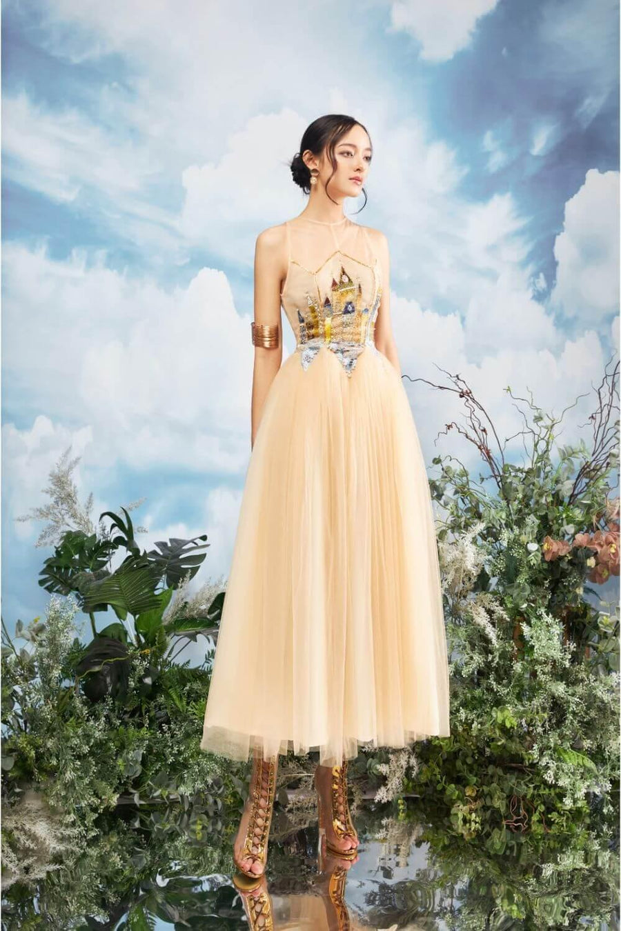 Falcon Gathered Illusion Neck Mesh Sheer Midi Dress 7