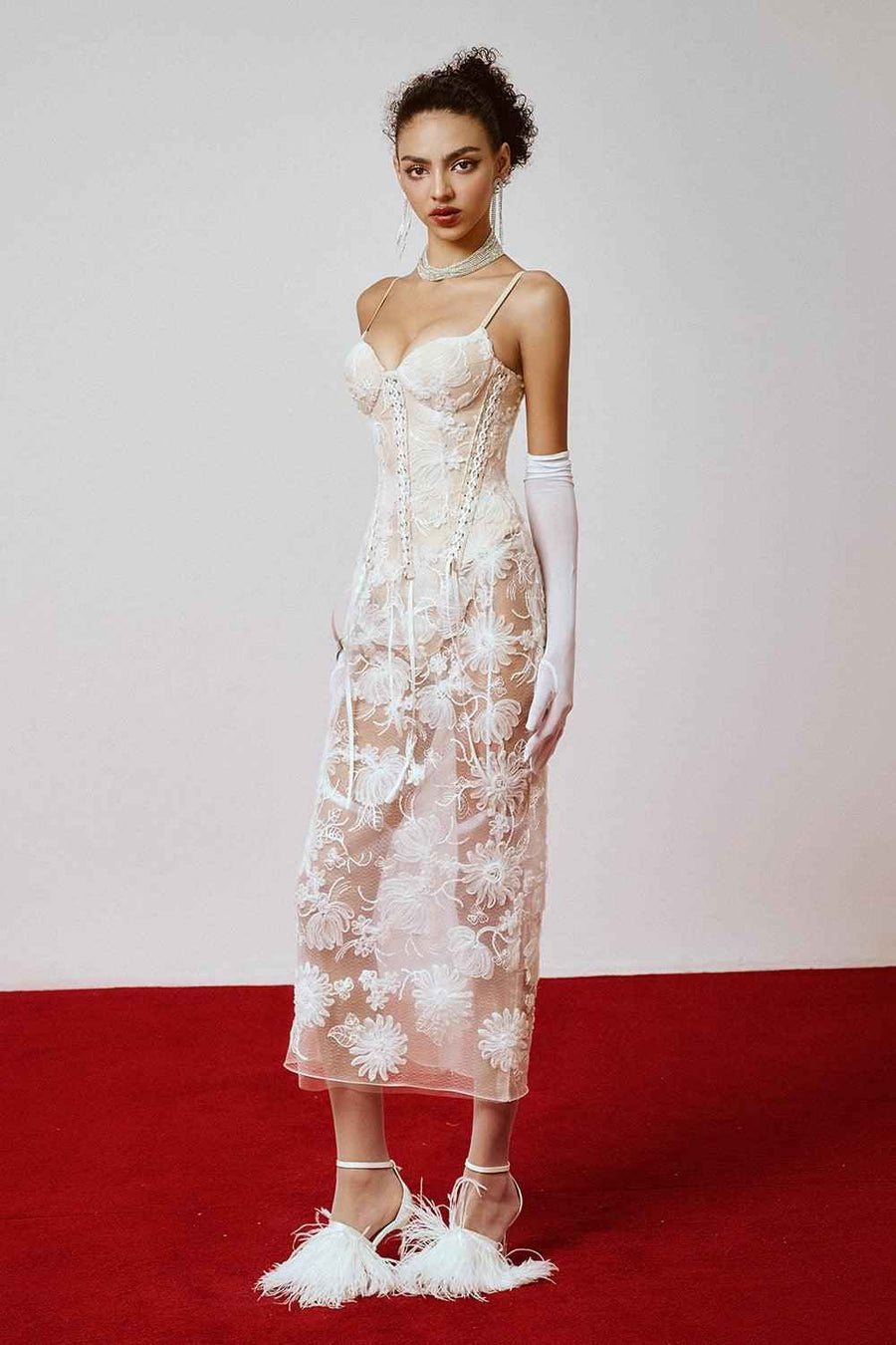 Fancle Sheath Spaghetti Strap Lace Midi Dress