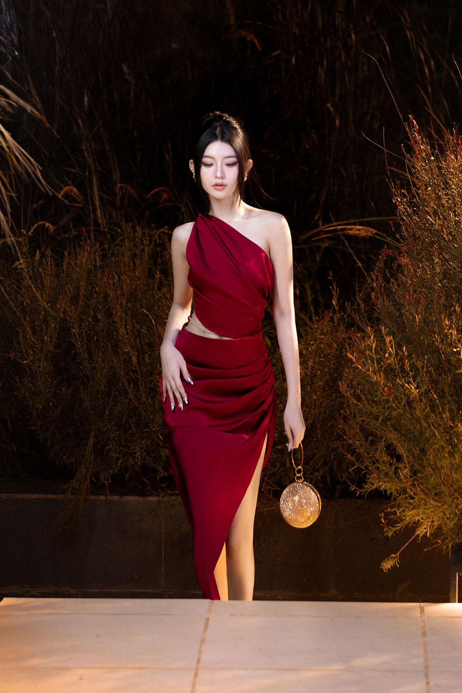 Fanny Asymmetric Side Pleated Mesh Silk Midi Dress Midi Dress Darling Diva