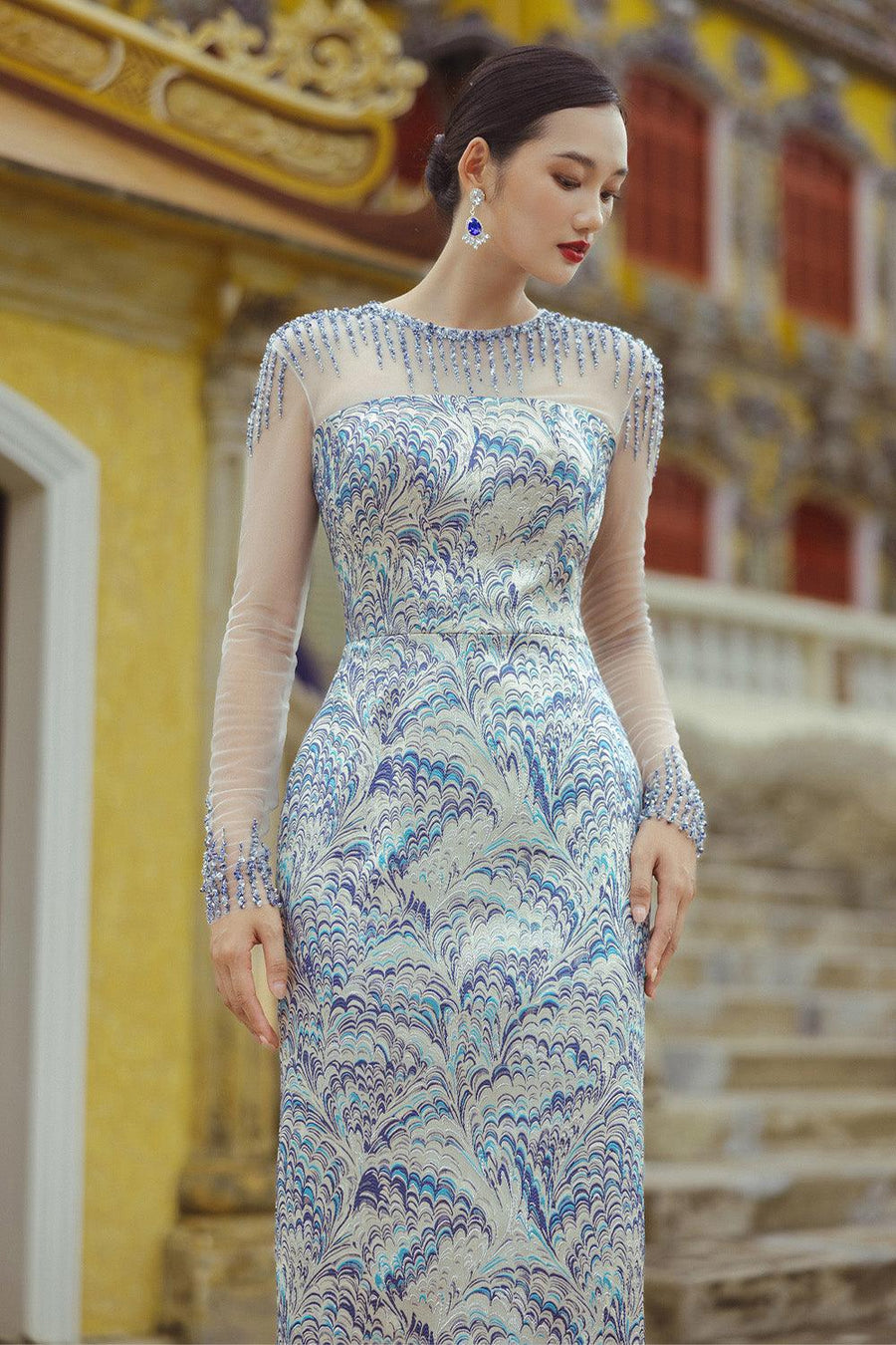Fascino Sheath Long Sleeved Brocade Floor Length Dress Gown Dress CHANCOS