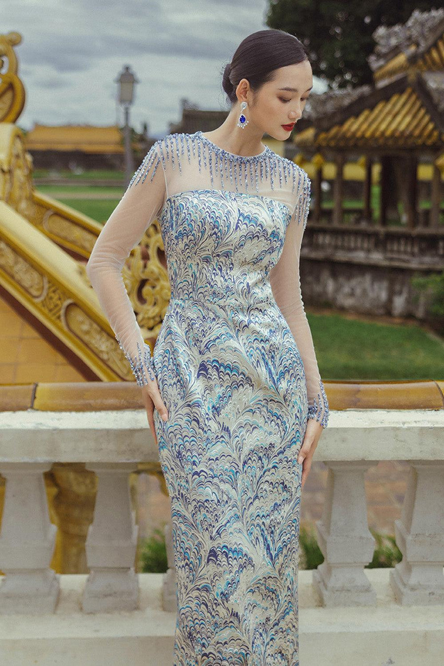 Fascino Sheath Long Sleeved Brocade Floor Length Dress Gown Dress CHANCOS