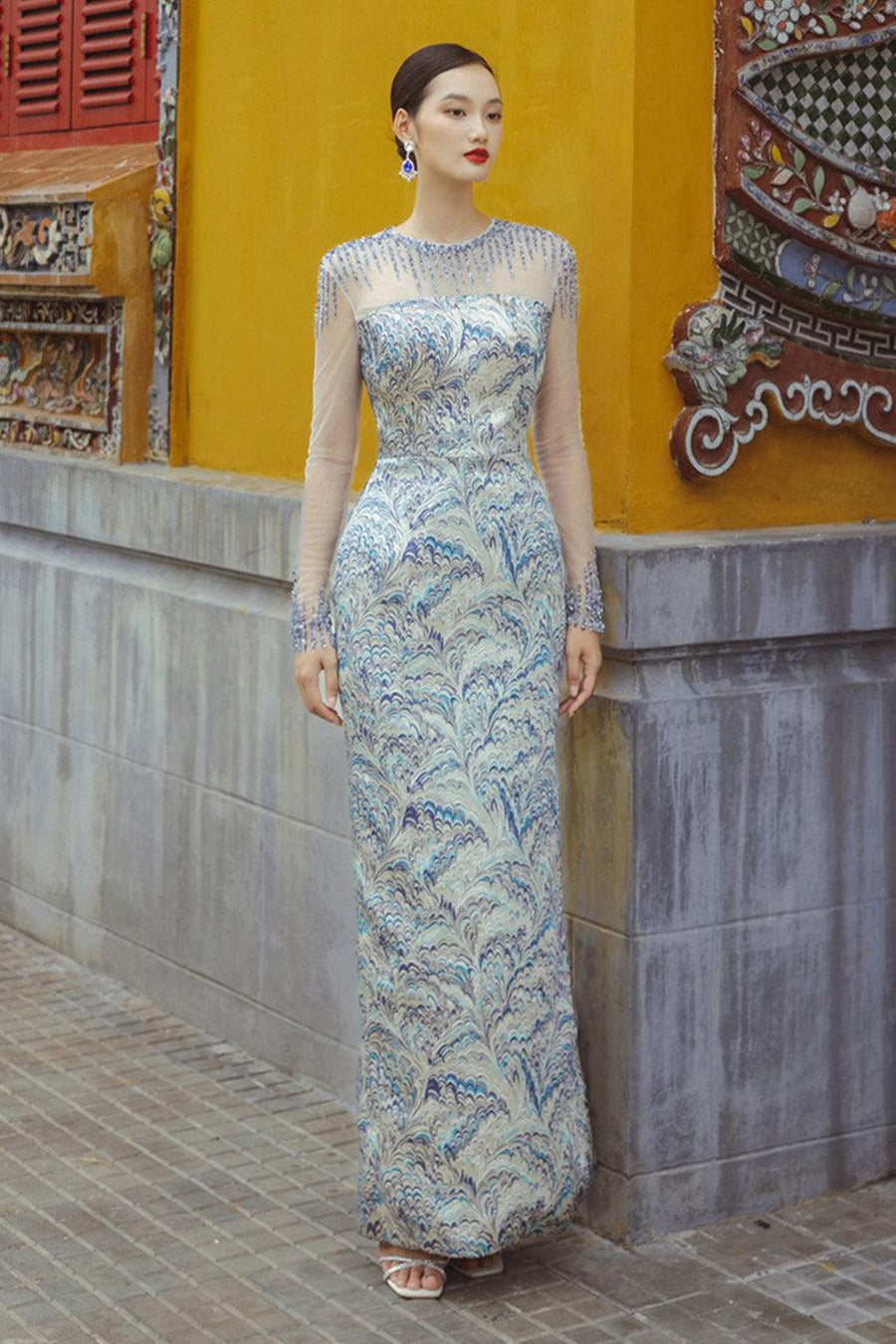 Fascino Sheath Long Sleeved Brocade Floor Length Dress Gown Dress CHANCOS