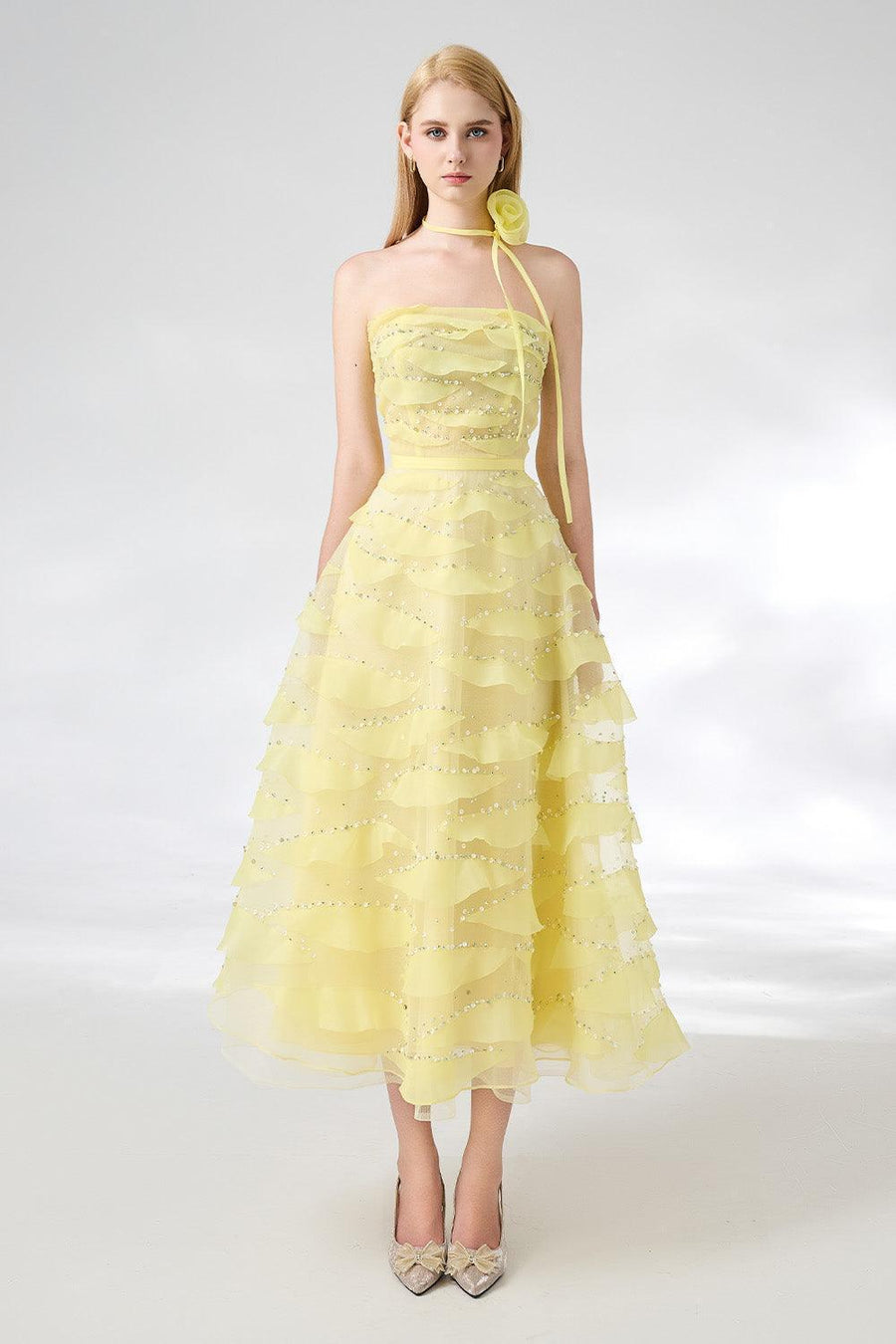 Fatima Fit and Flare Straight Across Neck Organza Midi Dress 2