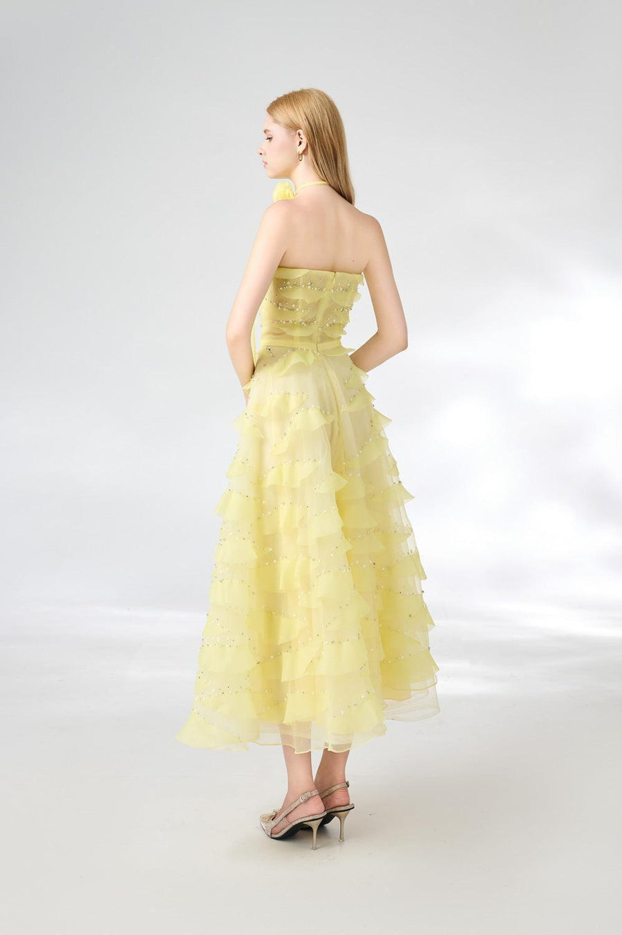 Fatima Fit and Flare Straight Across Neck Organza Midi Dress 3