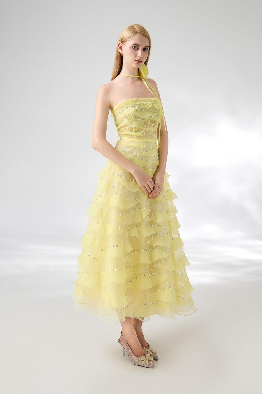 Fatima Fit and Flare Straight Across Neck Organza Midi Dress 4
