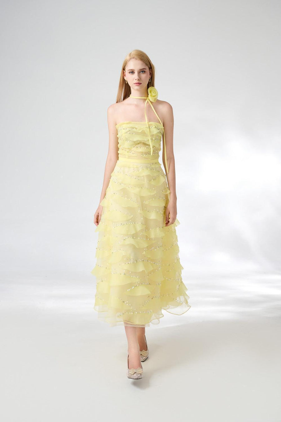 Fatima Fit and Flare Straight Across Neck Organza Midi Dress 5