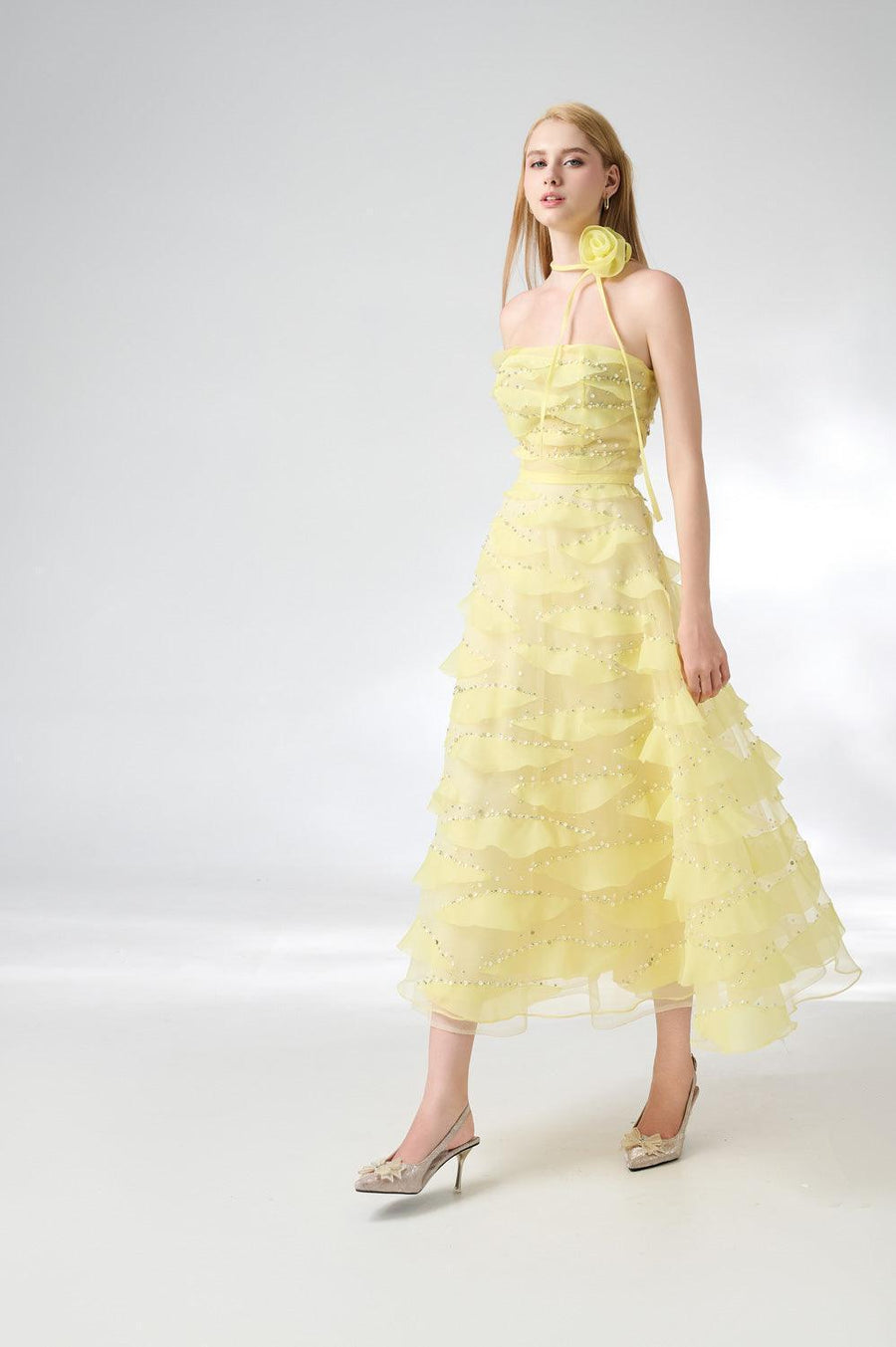 Fatima Fit and Flare Straight Across Neck Organza Midi Dress 6
