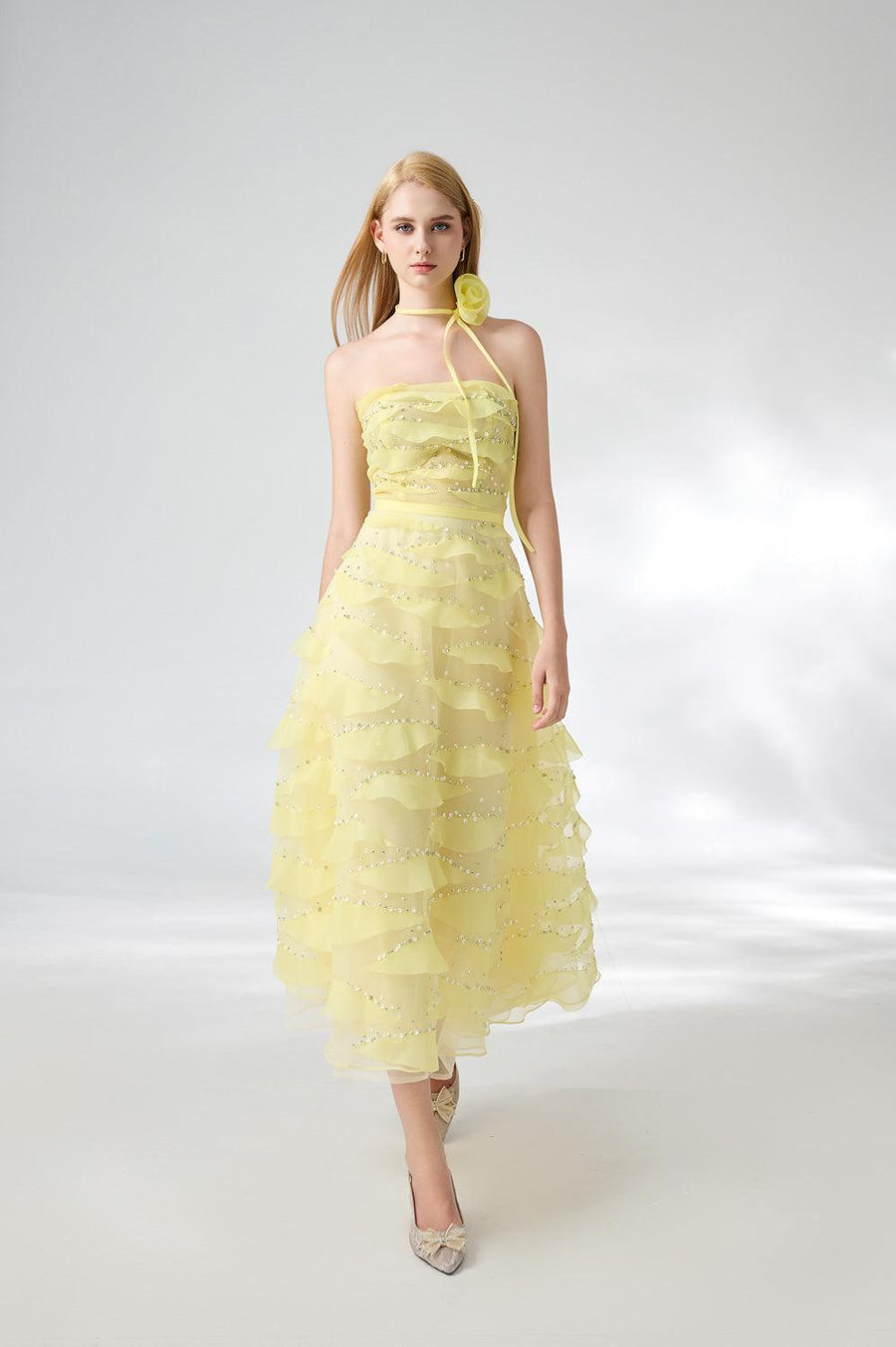 Fatima Fit and Flare Straight Across Neck Organza Midi Dress 7