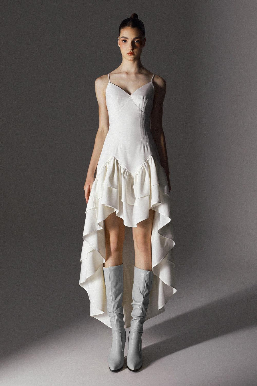 Fey Drop Waist Ruffle Layer Wool Cotton High-low Dress 5