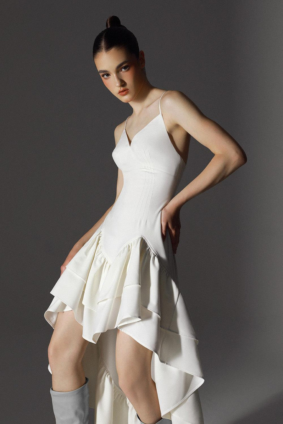 Fey Drop Waist Ruffle Layer Wool Cotton High-low Dress 2
