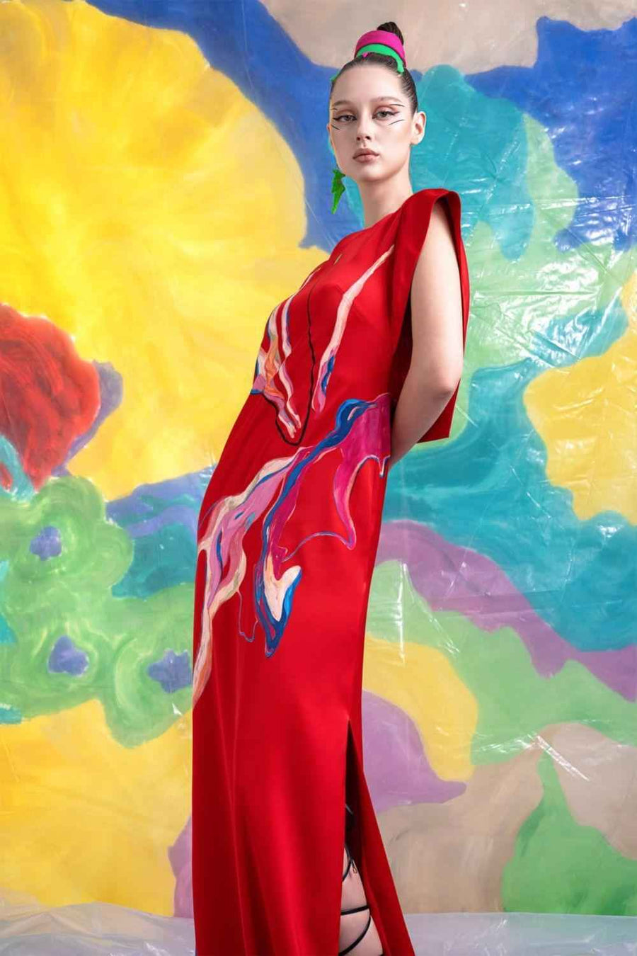 Finnian Straight Side Slit Satin Floor Length Dress