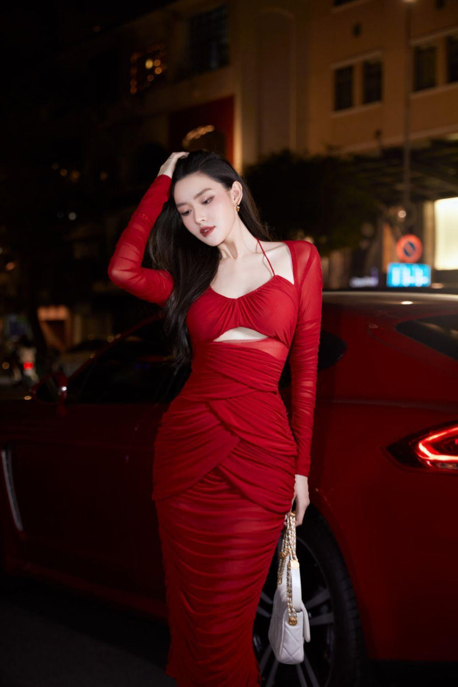 Fiori Bodycon Long Sleeved Mesh Ankle Midi Dress Midi Dress Darling Diva