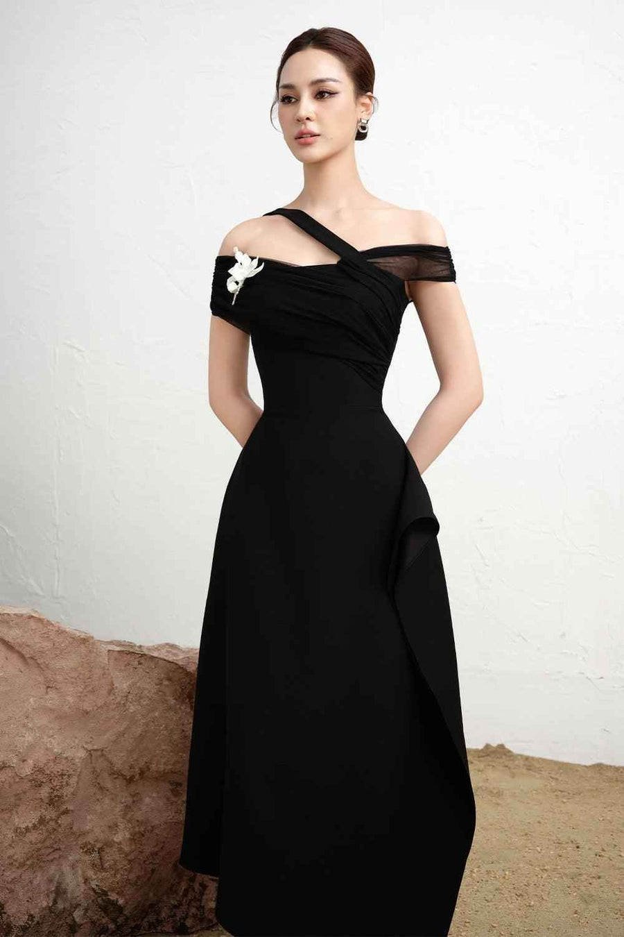 Fleur Asymmetric Diagonal Neck Polycotton Ankle Length Dress
