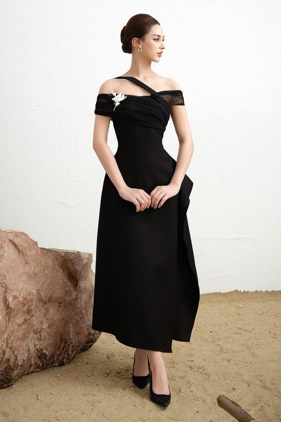 Fleur Asymmetric Diagonal Neck Polycotton Ankle Length Dress 5