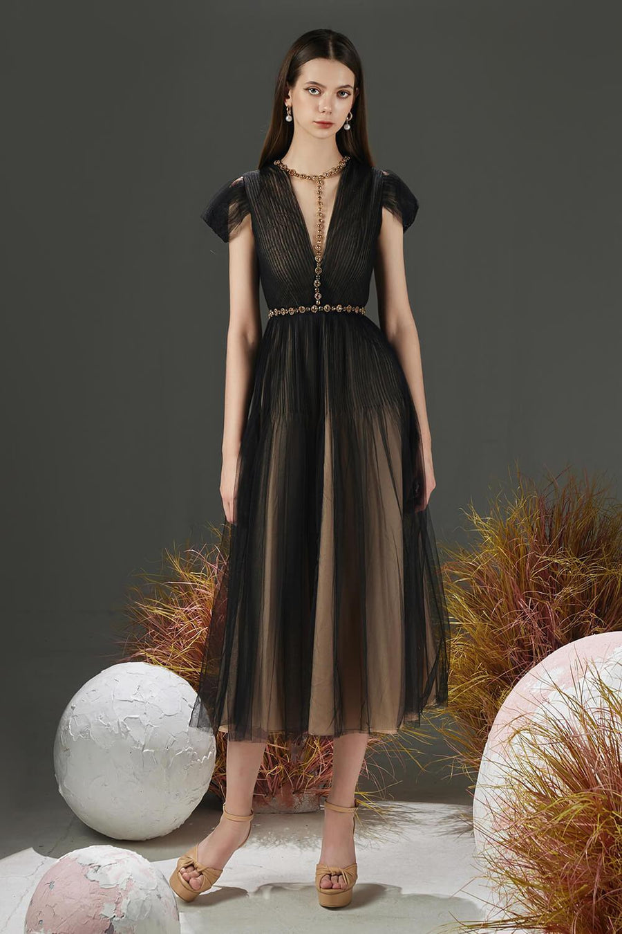 Florence A-line Cold Shoulder Sleeved Organza Midi Dress 6