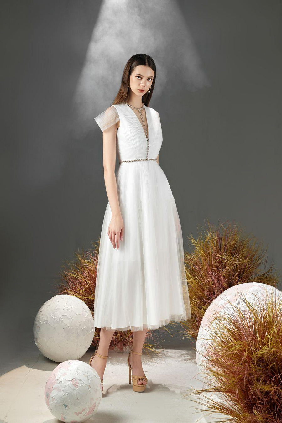 Florence A-line Cold Shoulder Sleeved Organza Midi Dress 12