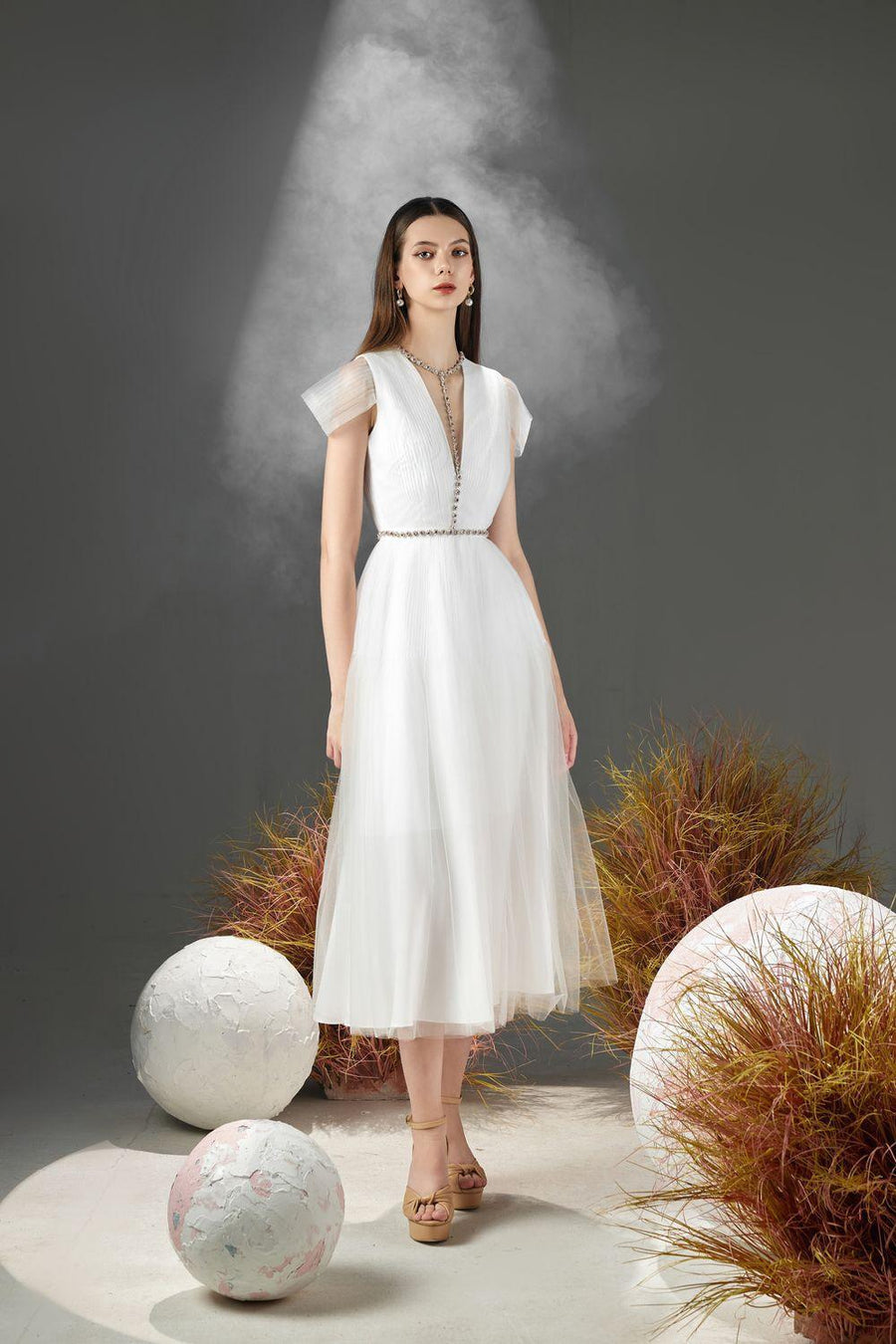Florence A-line Cold Shoulder Sleeved Organza Midi Dress 13