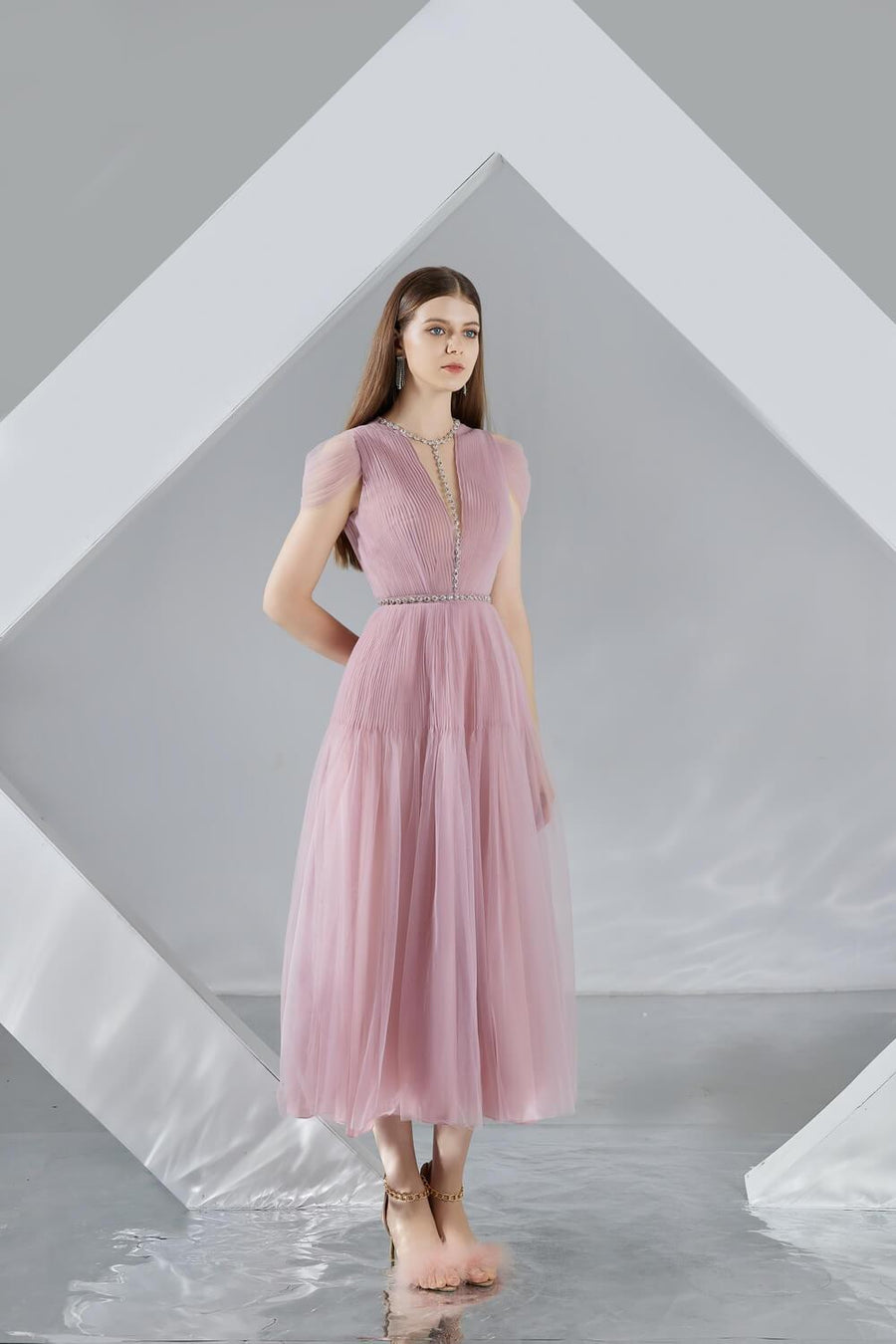 Florence A-line Cold Shoulder Sleeved Organza Midi Dress 21