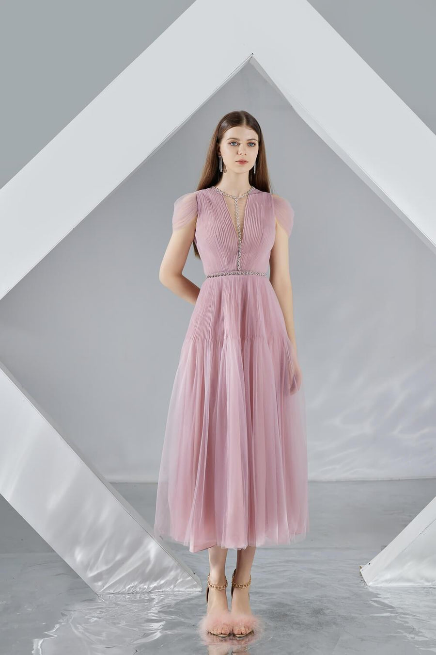 Florence A-line Cold Shoulder Sleeved Organza Midi Dress 22