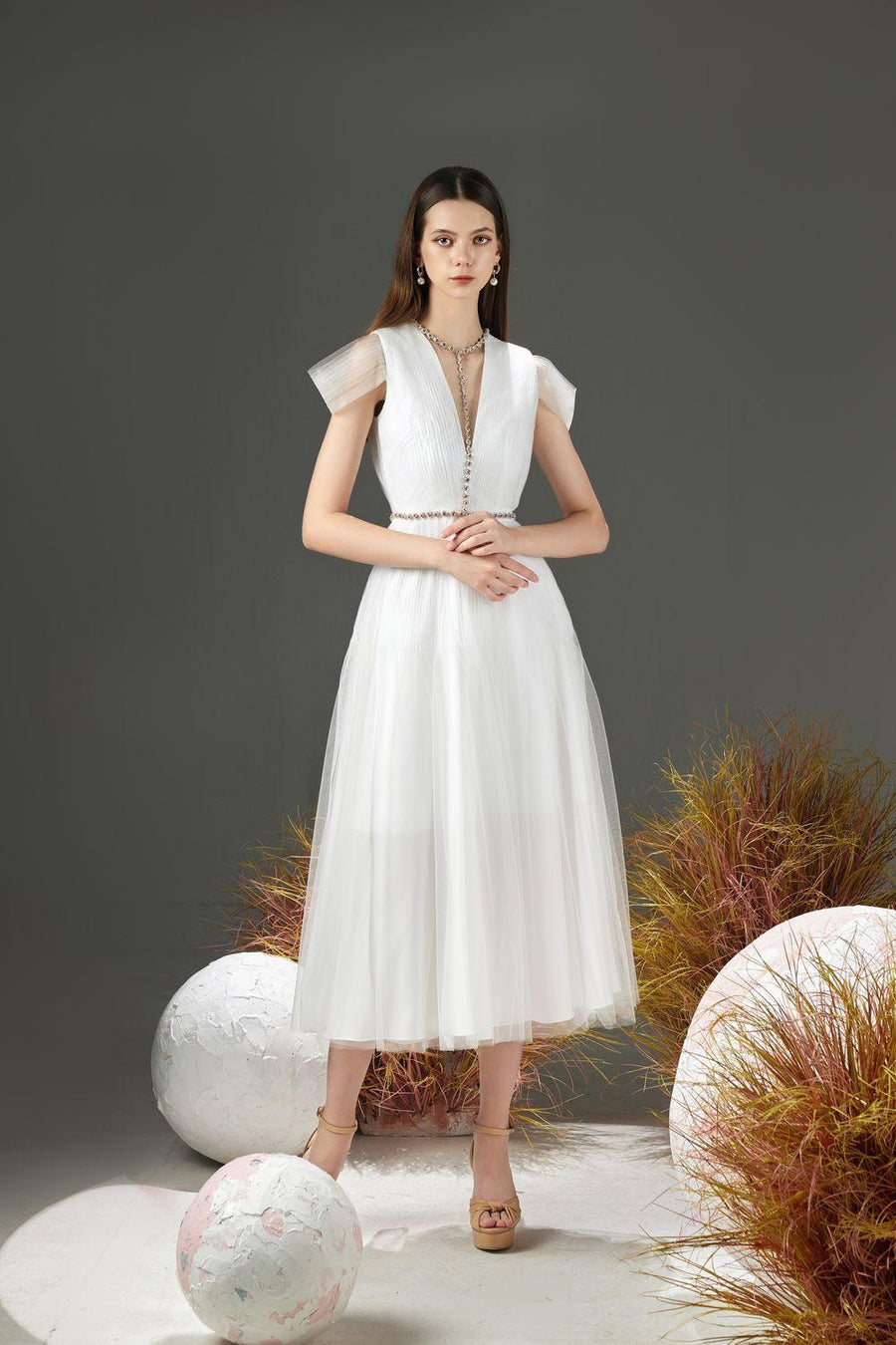 Florence A-line Cold Shoulder Sleeved Organza Midi Dress 9