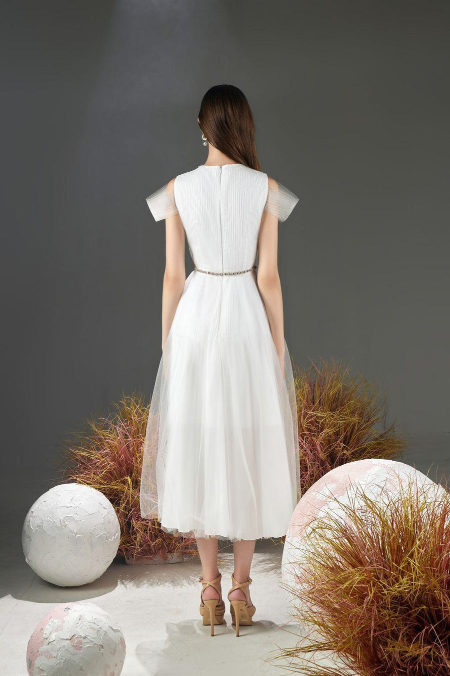 Florence A-line Cold Shoulder Sleeved Organza Midi Dress 11