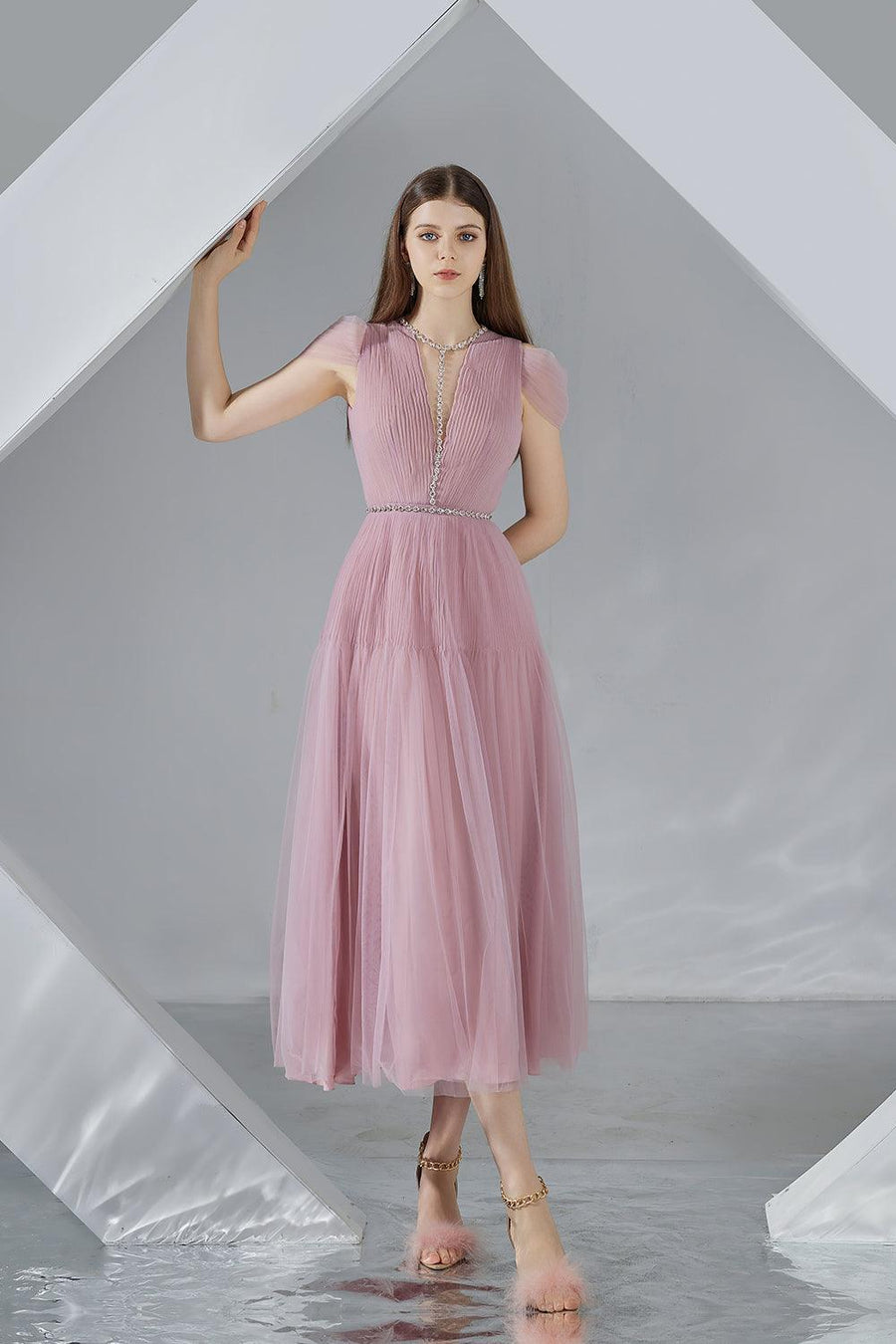Florence A-line Cold Shoulder Sleeved Organza Midi Dress 14