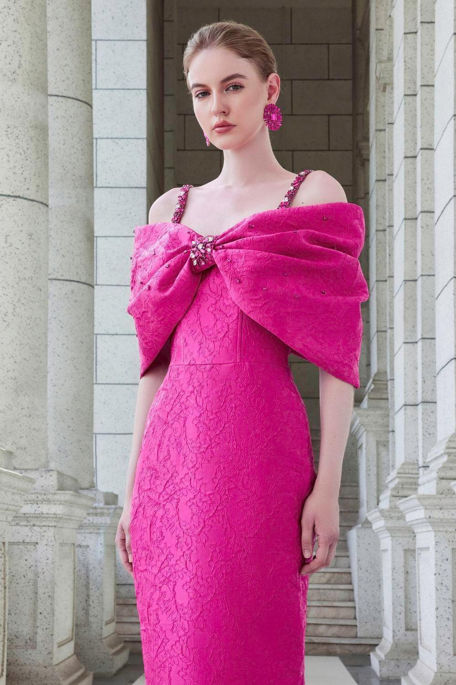 Fortuity Pegged Cold Shoulder Sleeved Jacquard Floor Length Dress Gown Dress I.H.F Atelier