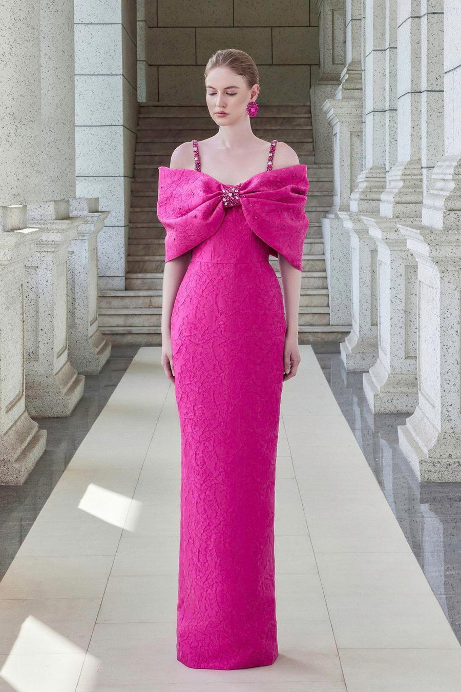 Fortuity Pegged Cold Shoulder Sleeved Jacquard Floor Length Dress Fuchsia Gown Dress I.H.F Atelier