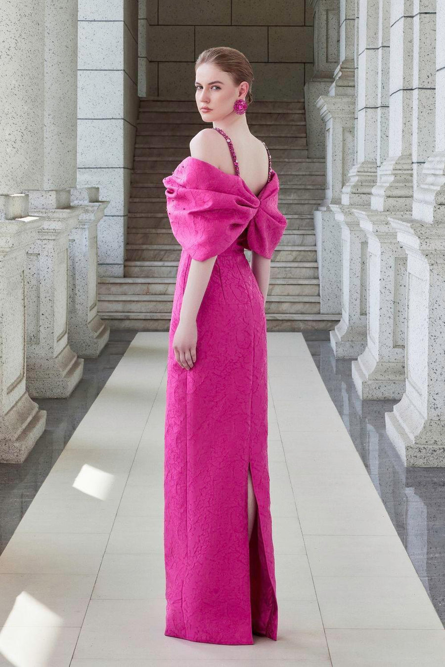 Fortuity Pegged Cold Shoulder Sleeved Jacquard Floor Length Dress Gown Dress I.H.F Atelier