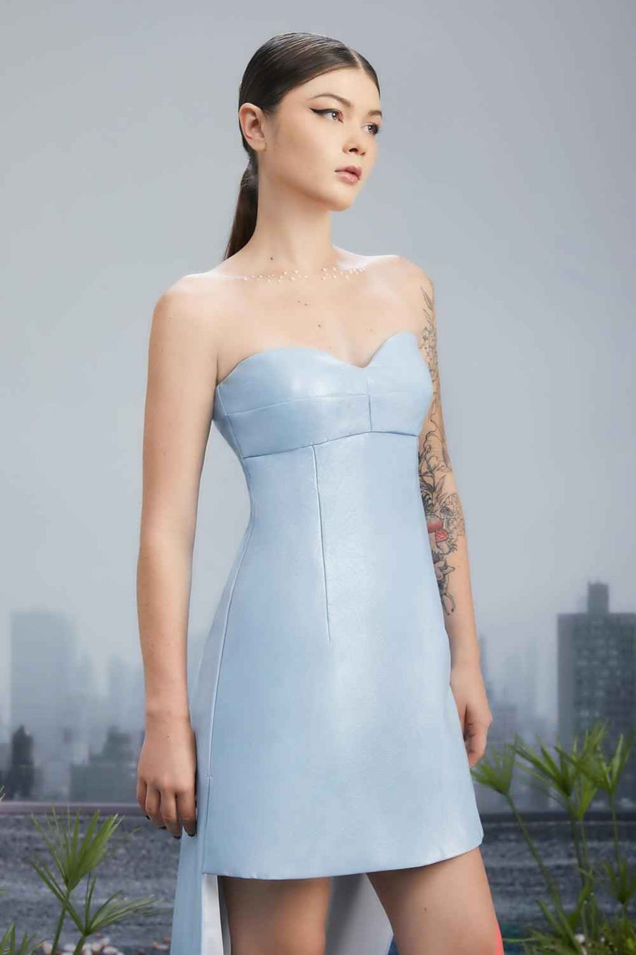 Fountain Strapless Chest Cup Pu Leather High-low Dress