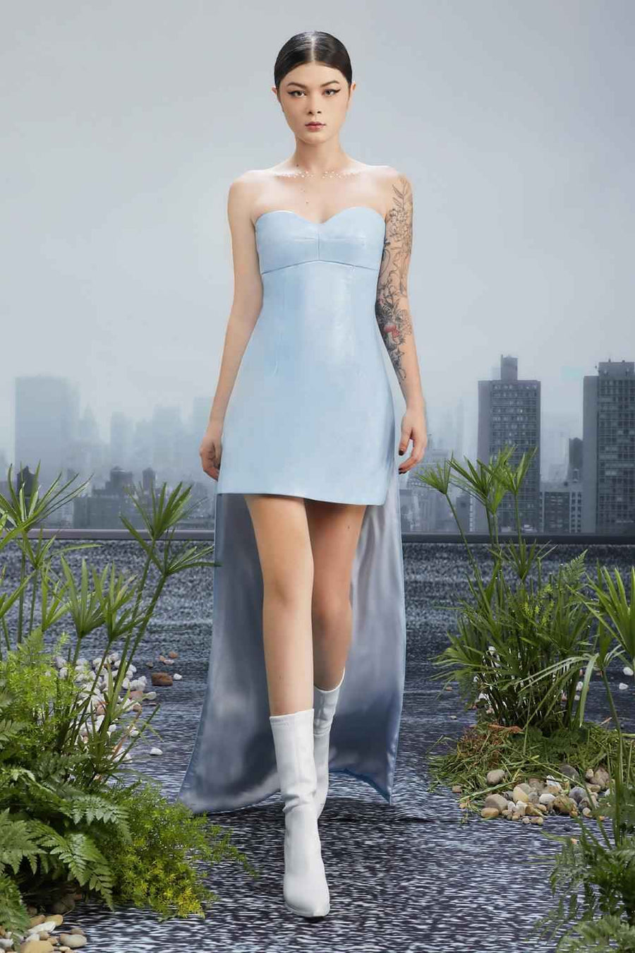 Fountain Strapless Chest Cup Pu Leather High-low Dress
