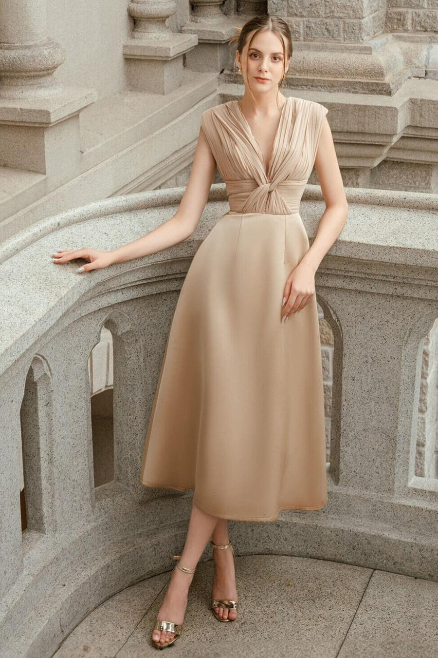 Foxy A-line Twisted Nacre Taffeta Midi Dress Midi Dress Darling Diva