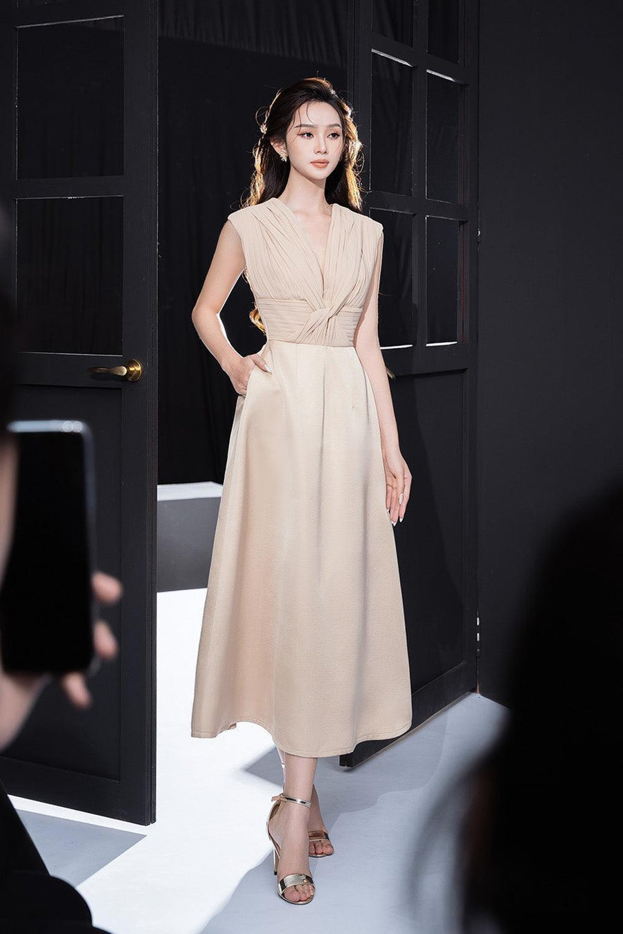 Foxy A-line Twisted Nacre Taffeta Midi Dress Midi Dress Darling Diva