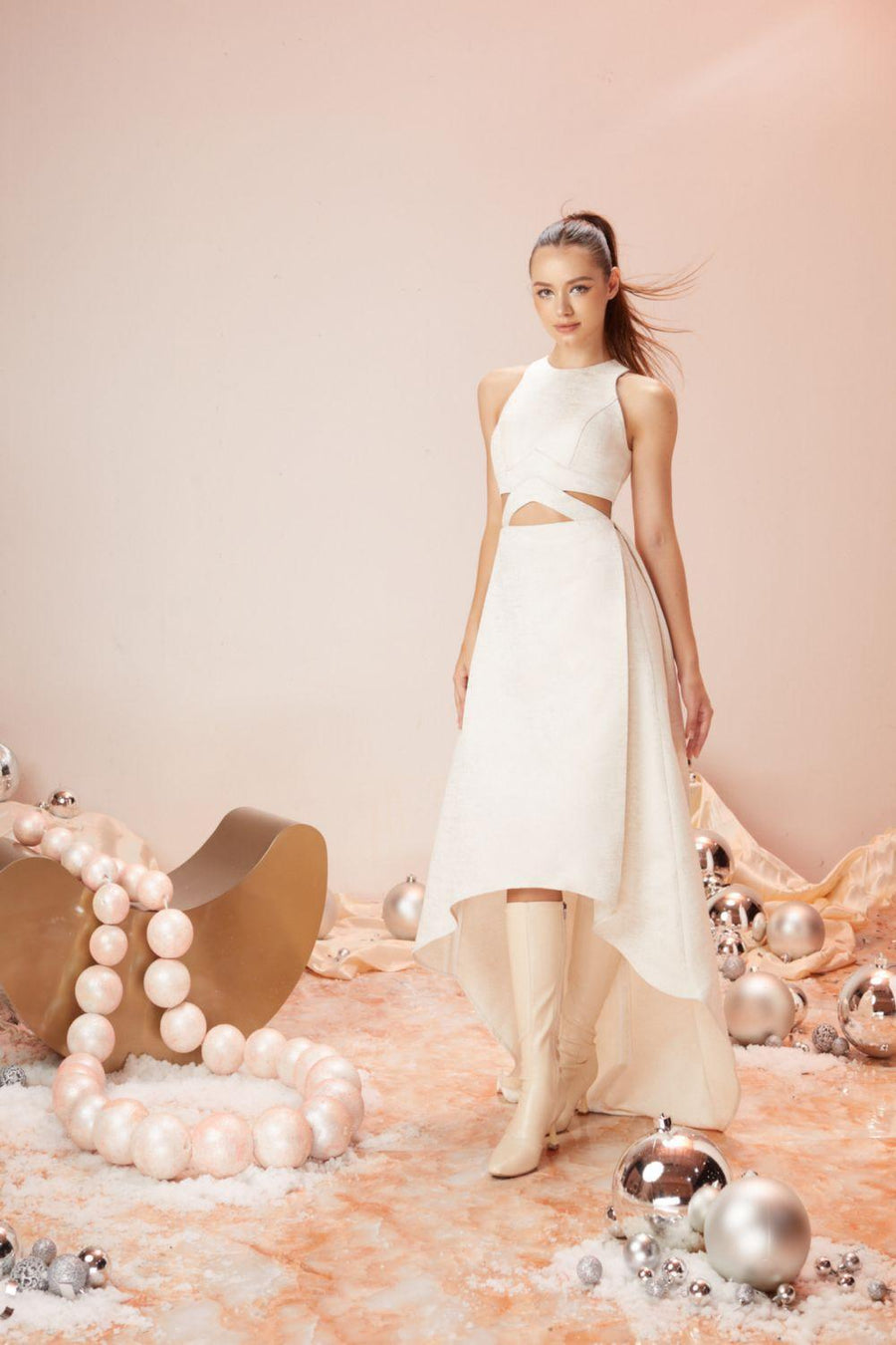 Frosty Asymmetric Round Neck Brocade High-low Dress 5