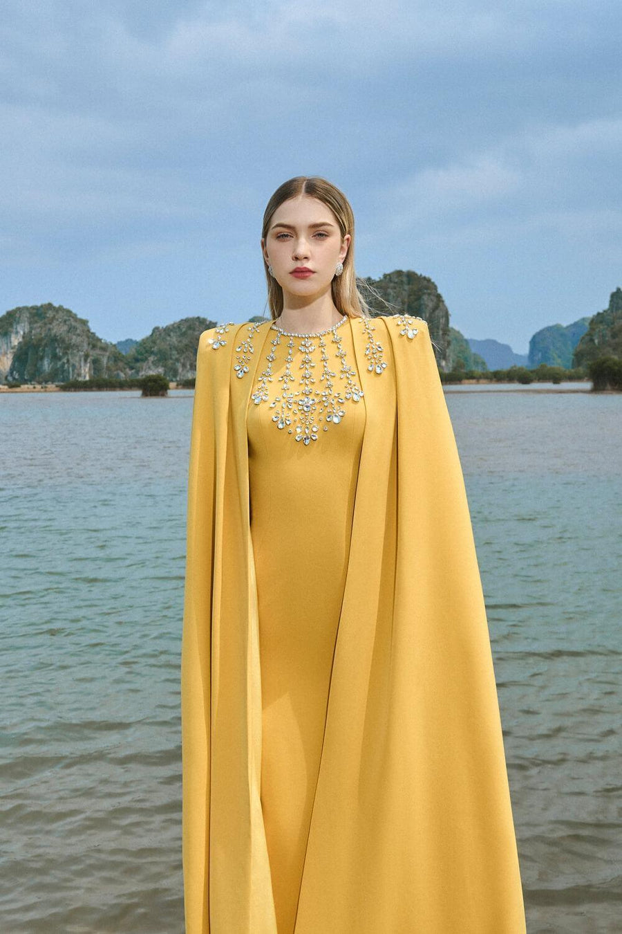 Gabrielle Sheath Cape Sleeved Satin Maxi Set 10