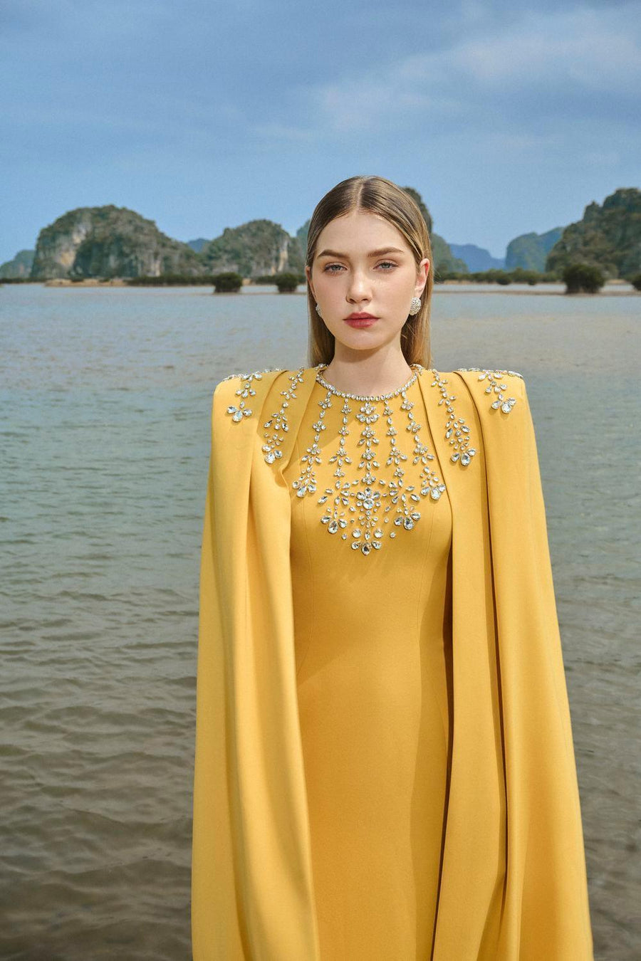 Gabrielle Sheath Cape Sleeved Satin Maxi Set 2