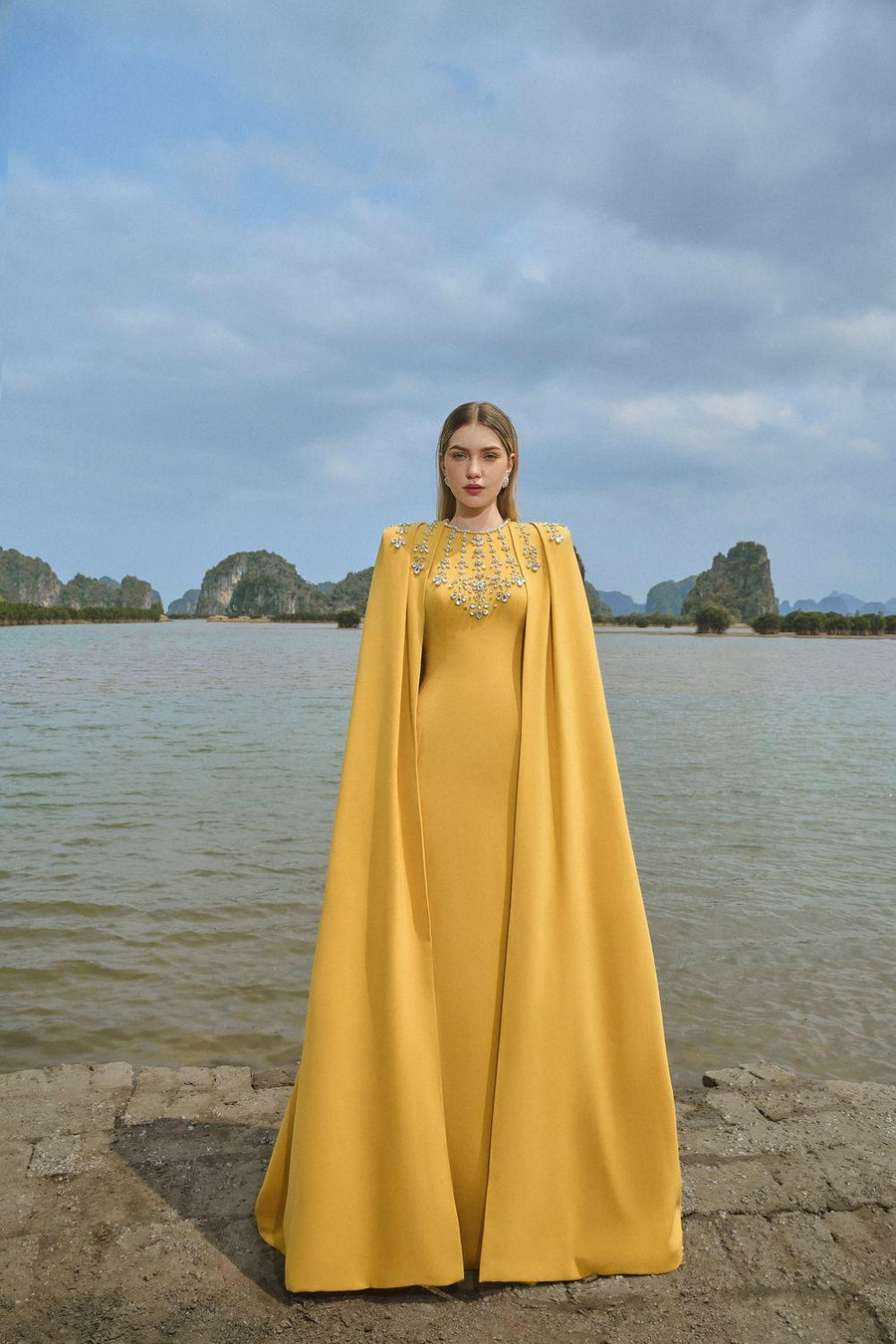 Gabrielle Sheath Cape Sleeved Satin Maxi Set 3