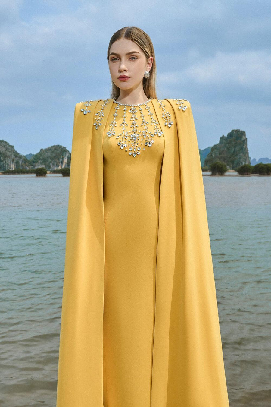 Gabrielle Sheath Cape Sleeved Satin Maxi Set 7