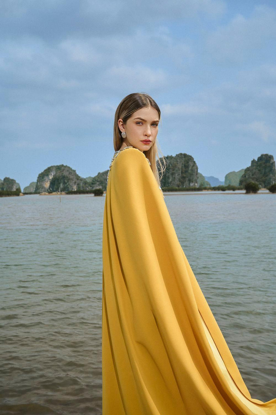 Gabrielle Sheath Cape Sleeved Satin Maxi Set 9